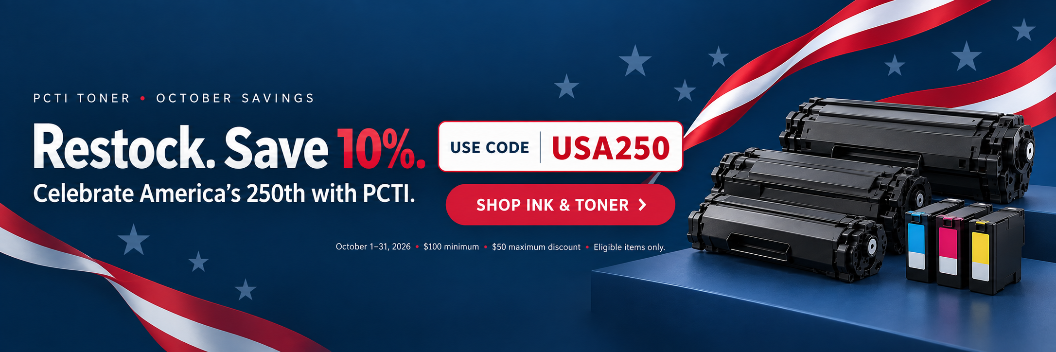 Restock. Save 10% with code USA250. October 1–31, 2026. $100 minimum; $50 maximum discount. Eligible items only.